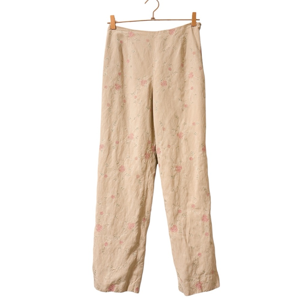 Loft Vintage Beige Floral Embroidered Linen Silk Straight Leg Pants Size 4